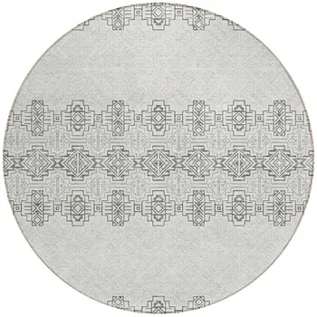 8' Gray And Ivory Round Tribal Washable Indoor Outdoor Area Rug