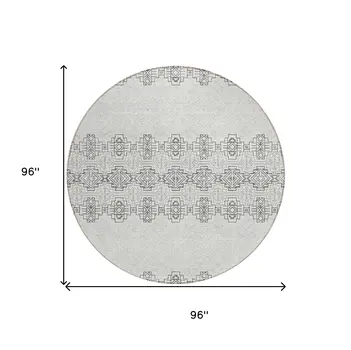 8' Gray And Ivory Round Tribal Washable Indoor Outdoor Area Rug