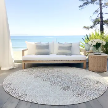 8' Ivory And Taupe Round Tribal Washable Indoor Outdoor Area Rug