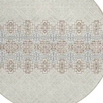 8' Ivory And Taupe Round Tribal Washable Indoor Outdoor Area Rug