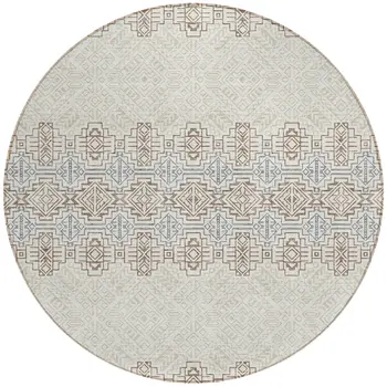 8' Ivory And Taupe Round Tribal Washable Indoor Outdoor Area Rug