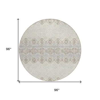 8' Ivory And Taupe Round Tribal Washable Indoor Outdoor Area Rug