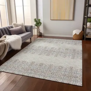 9' X 12' Ivory And Taupe Tribal Washable Indoor Outdoor Area Rug