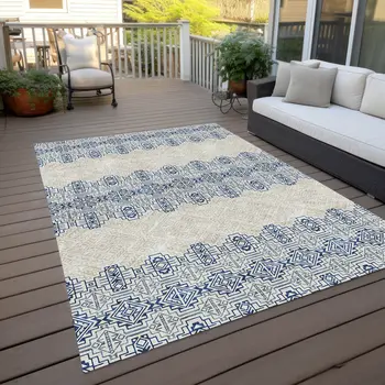 5' X 8' Navy Blue And Ivory Tribal Washable Indoor Outdoor Area Rug