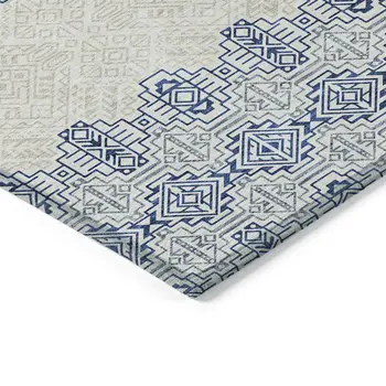 5' X 8' Navy Blue And Ivory Tribal Washable Indoor Outdoor Area Rug