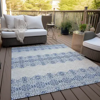 5' X 8' Navy Blue And Ivory Tribal Washable Indoor Outdoor Area Rug