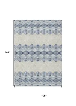 9' X 12' Navy Blue And Ivory Tribal Washable Indoor Outdoor Area Rug