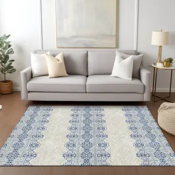 9' X 12' Navy Blue And Ivory Tribal Washable Indoor Outdoor Area Rug