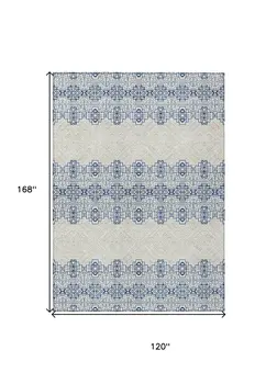10' X 14' Navy Blue And Ivory Tribal Washable Indoor Outdoor Area Rug