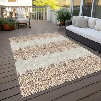 9' X 12' Orange And Ivory Tribal Washable Indoor Outdoor Area Rug