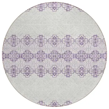 8' Purple And Ivory Round Tribal Washable Indoor Outdoor Area Rug
