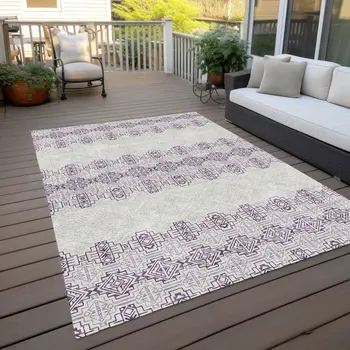 8' X 10' Purple And Ivory Tribal Washable Indoor Outdoor Area Rug