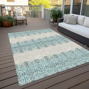 5' X 8' Teal Blue And Ivory Tribal Washable Indoor Outdoor Area Rug
