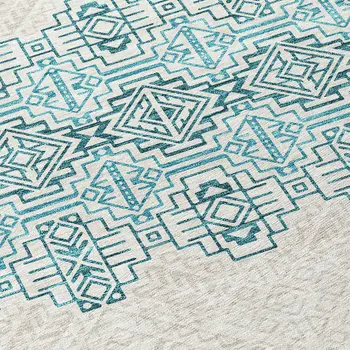 5' X 8' Teal Blue And Ivory Tribal Washable Indoor Outdoor Area Rug