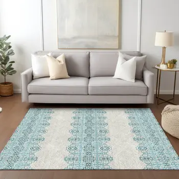 5' X 8' Teal Blue And Ivory Tribal Washable Indoor Outdoor Area Rug