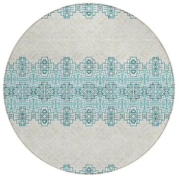 8' Teal Blue And Ivory Round Tribal Washable Indoor Outdoor Area Rug