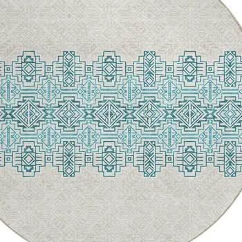 8' Teal Blue And Ivory Round Tribal Washable Indoor Outdoor Area Rug