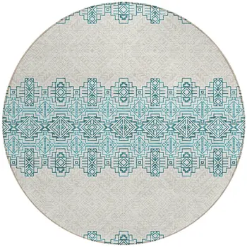 8' Teal Blue And Ivory Round Tribal Washable Indoor Outdoor Area Rug