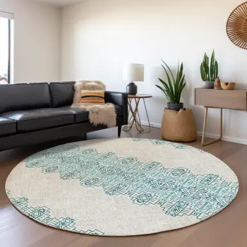8' Teal Blue And Ivory Round Tribal Washable Indoor Outdoor Area Rug