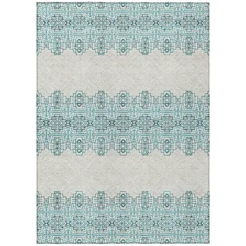 9' X 12' Teal Blue And Ivory Tribal Washable Indoor Outdoor Area Rug