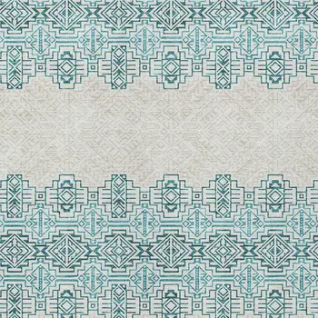 9' X 12' Teal Blue And Ivory Tribal Washable Indoor Outdoor Area Rug
