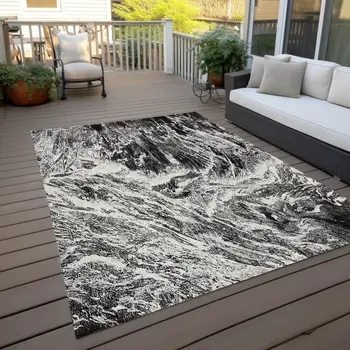 5' X 8' Black And Ivory Abstract Washable Indoor Outdoor Area Rug