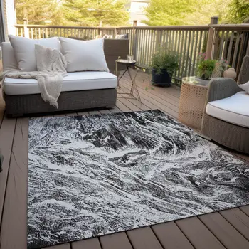 5' X 8' Black And Ivory Abstract Washable Indoor Outdoor Area Rug