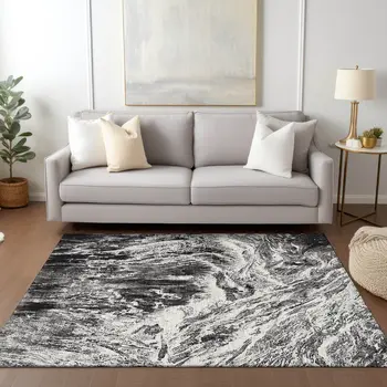 10' X 14' Black And Ivory Abstract Washable Indoor Outdoor Area Rug