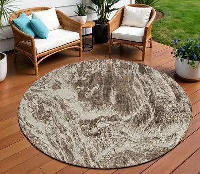 8' Brown And Ivory Round Abstract Washable Indoor Outdoor Area Rug