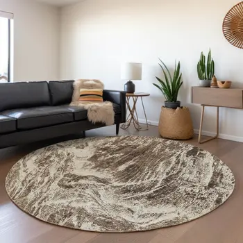 8' Brown And Ivory Round Abstract Washable Indoor Outdoor Area Rug