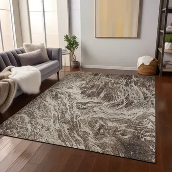 9' X 12' Brown And Ivory Abstract Washable Indoor Outdoor Area Rug