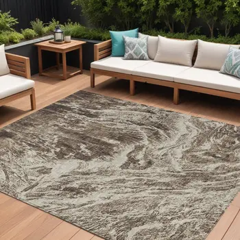 10' X 14' Brown And Ivory Abstract Washable Indoor Outdoor Area Rug