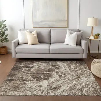 10' X 14' Brown And Ivory Abstract Washable Indoor Outdoor Area Rug