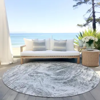 8' Gray And Ivory Round Abstract Washable Indoor Outdoor Area Rug