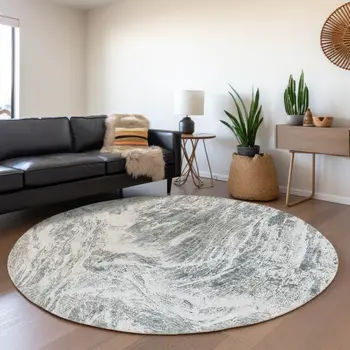 8' Gray And Ivory Round Abstract Washable Indoor Outdoor Area Rug