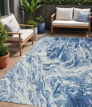 5' X 8' Navy Blue And Ivory Abstract Washable Indoor Outdoor Area Rug