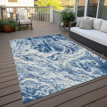5' X 8' Navy Blue And Ivory Abstract Washable Indoor Outdoor Area Rug