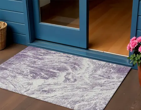 3' X 5' Purple And Ivory Abstract Washable Indoor Outdoor Area Rug