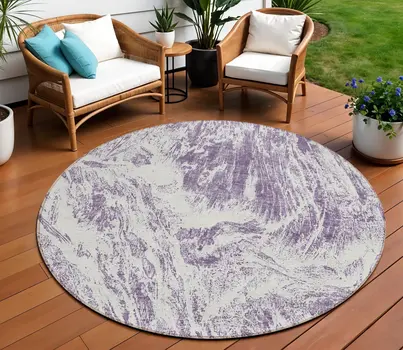 8' Purple And Ivory Round Abstract Washable Indoor Outdoor Area Rug