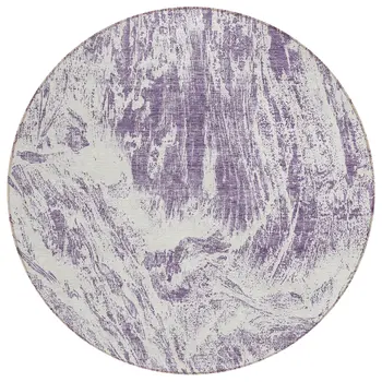 8' Purple And Ivory Round Abstract Washable Indoor Outdoor Area Rug