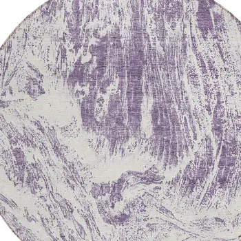 8' Purple And Ivory Round Abstract Washable Indoor Outdoor Area Rug