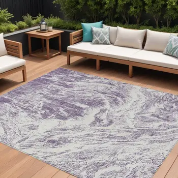 8' X 10' Purple And Ivory Abstract Washable Indoor Outdoor Area Rug