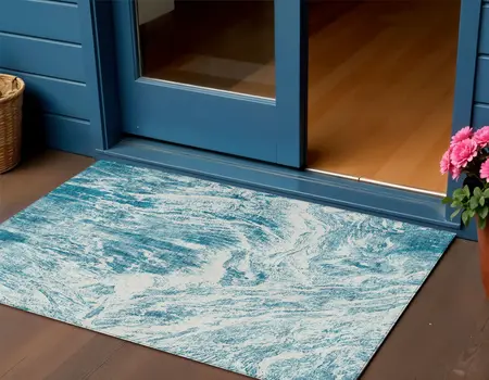3' X 5' Teal Blue And Ivory Abstract Washable Indoor Outdoor Area Rug