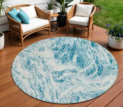 8' Teal Blue And Ivory Round Abstract Washable Indoor Outdoor Area Rug