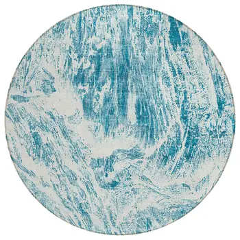 8' Teal Blue And Ivory Round Abstract Washable Indoor Outdoor Area Rug