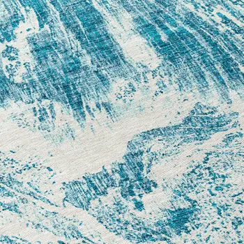 8' Teal Blue And Ivory Round Abstract Washable Indoor Outdoor Area Rug