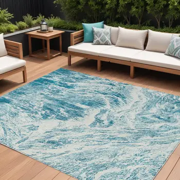 9' X 12' Teal Blue And Ivory Abstract Washable Indoor Outdoor Area Rug