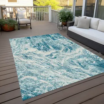 10' X 14' Teal Blue And Ivory Abstract Washable Indoor Outdoor Area Rug