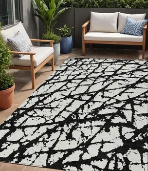 5' X 8' Black And Ivory Abstract Washable Indoor Outdoor Area Rug