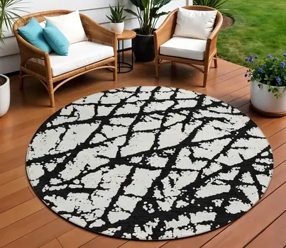 8' Black And Ivory Round Abstract Washable Indoor Outdoor Area Rug